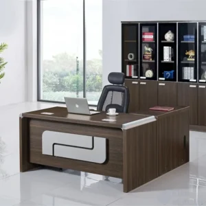 Table de bureau direction en L avec caisson retour, bois massif - v3